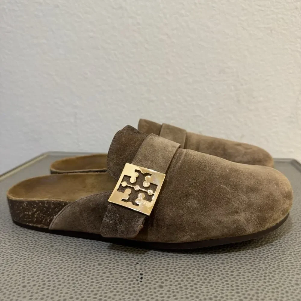 Tory Burch Mellow Suede Mule, River Rock/ Gold Hardware -Women's Size 7